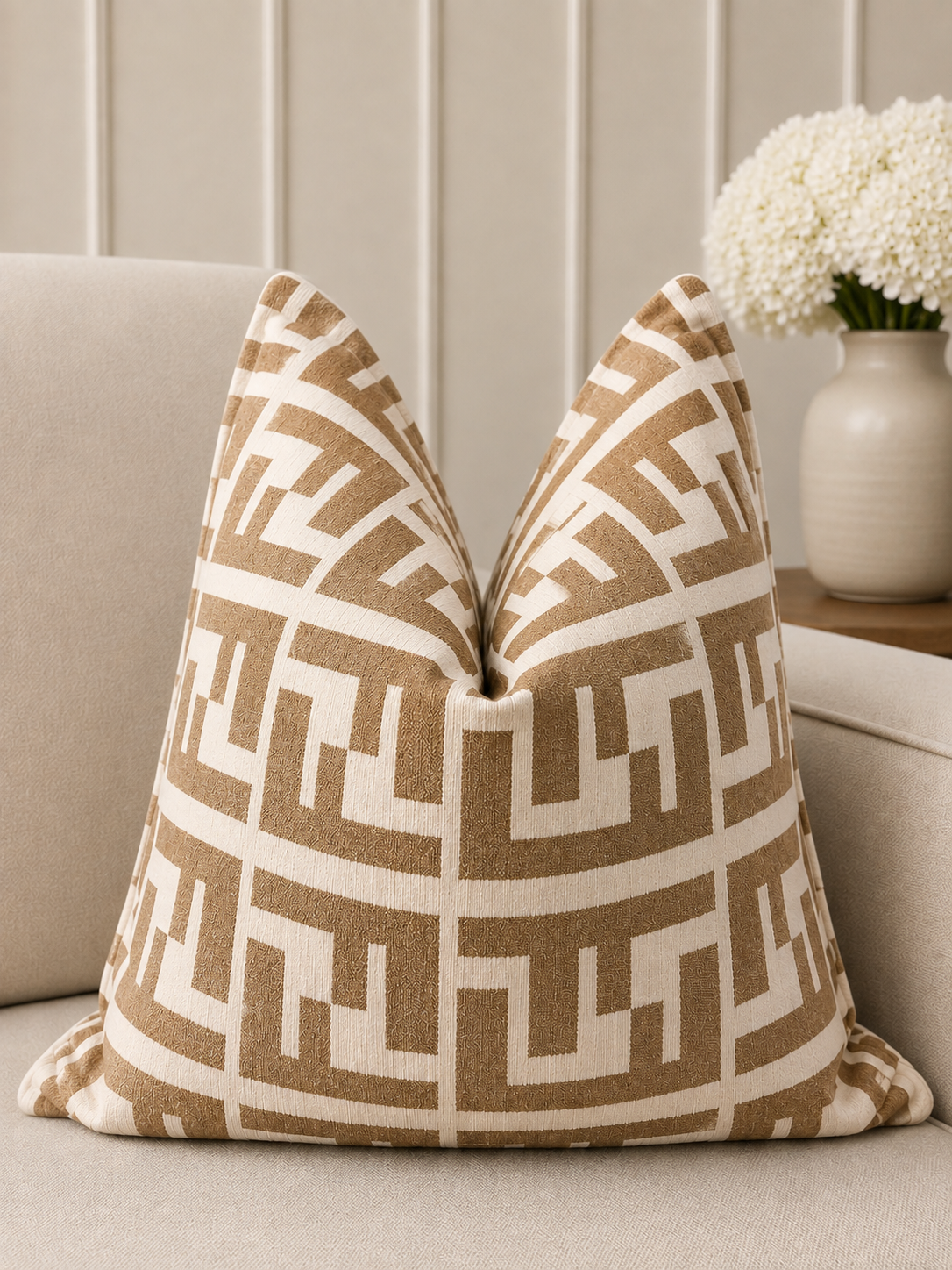 Beige & Brown Geometric Cushion Cover – 45 × 45 cm | Ovié