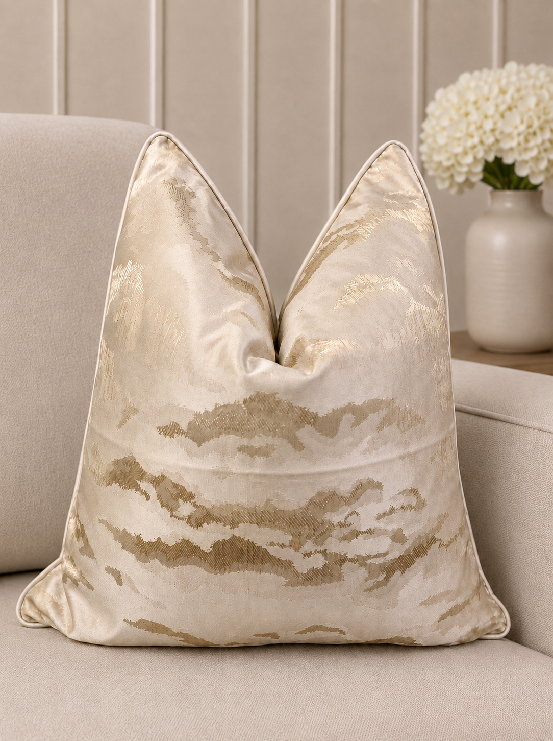 Champagne & Ivory Metallic Jacquard Chenille Cushion Cover with Piped Edging – 45 x 45cm